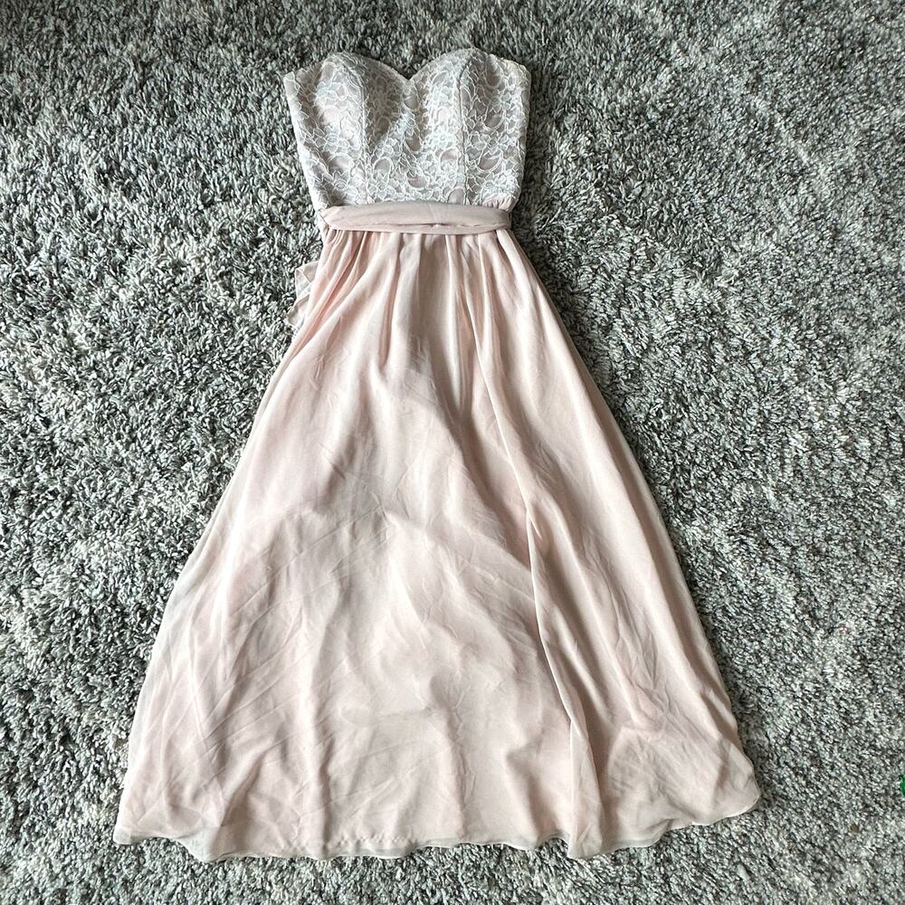 Mori Lee Blush Pink Chiffon Lace Strapless Dress Gown Bridesmaid Prom XS S READ